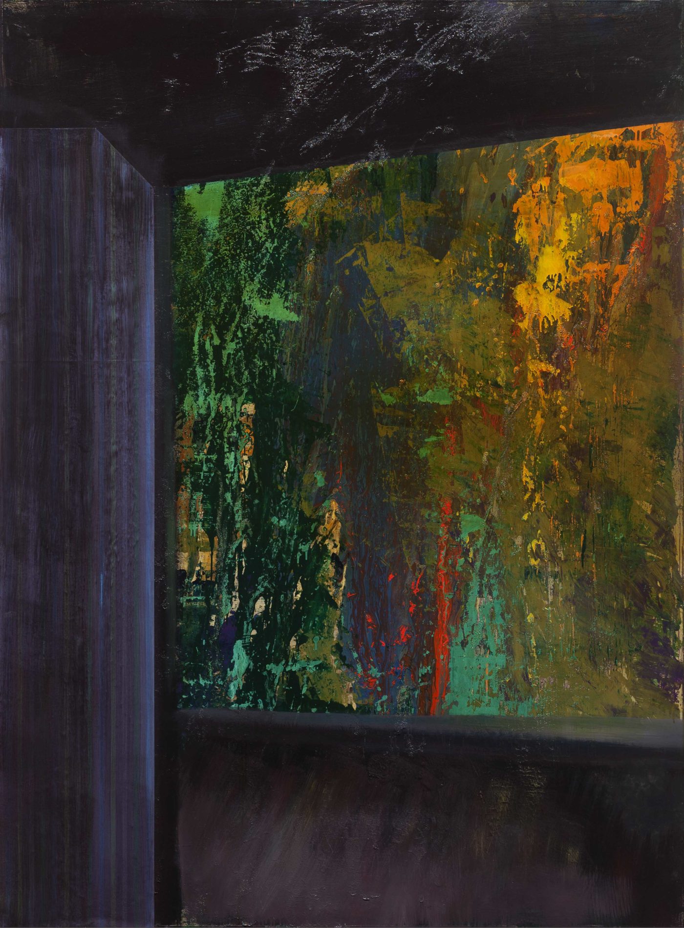 <b>Průhled III.</b><br>tapeta, syntetická barva na mahagonové desce<br>216x156 cm